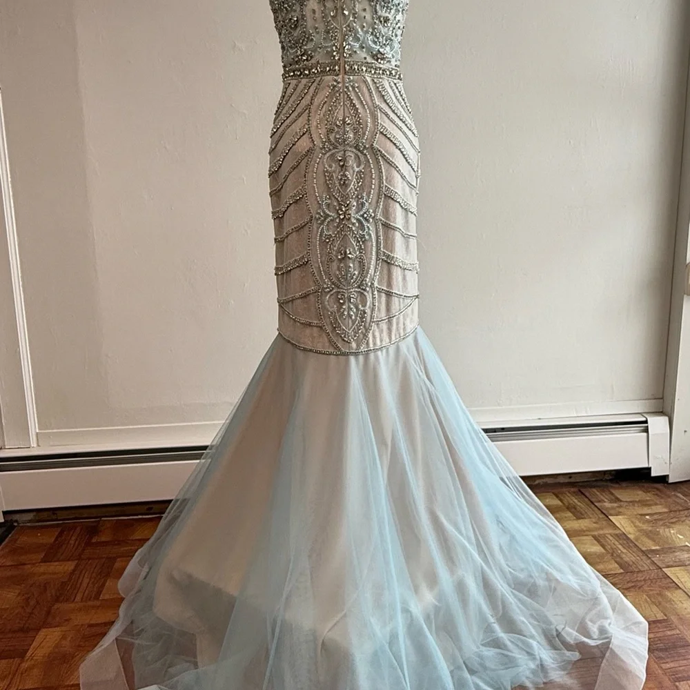 Terani Couture Beaded Illusion Bodice Mermaid Gown - Light Blue and Champagne - Picture 2 of 5